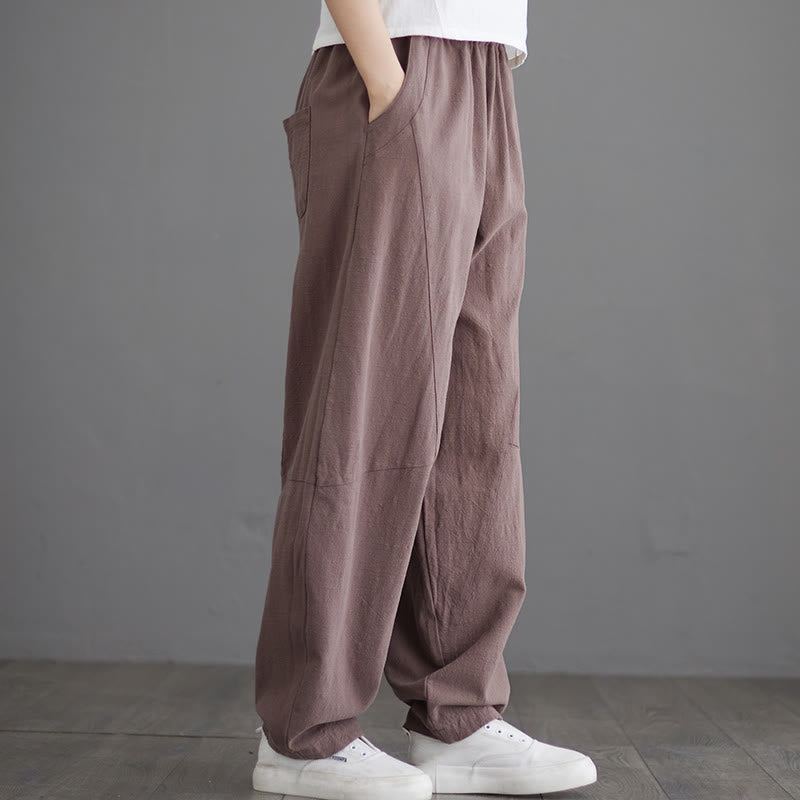 Buddha Stones Lässige, schlichte, lockere Baumwollhose für Damen mit Taschen