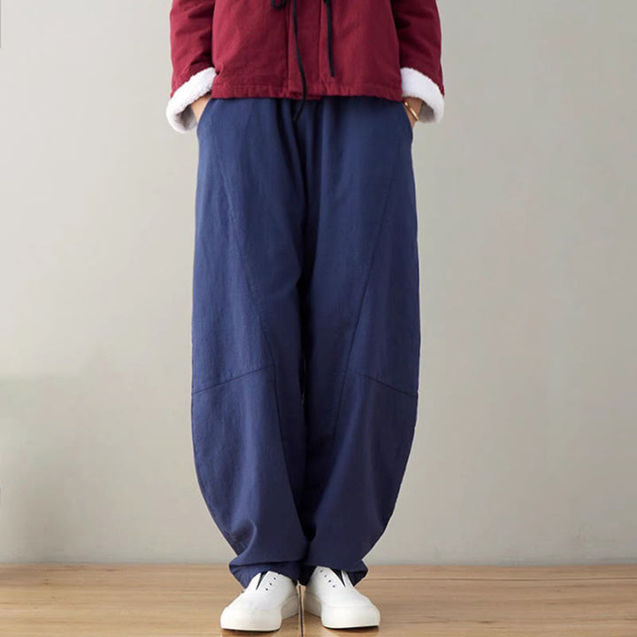 Buddha Stones Lässige, schlichte, lockere Baumwollhose für Damen mit Taschen
