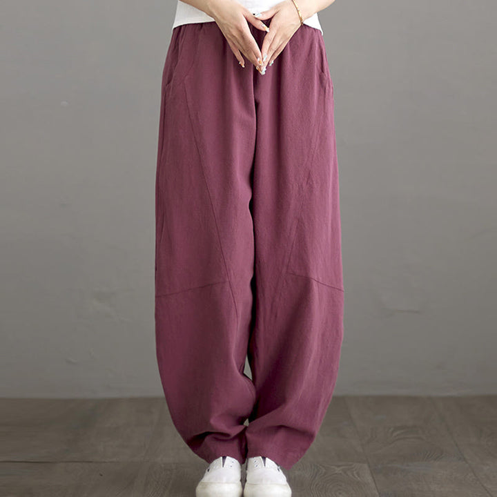 Buddha Stones Lässige, schlichte, lockere Baumwollhose für Damen mit Taschen