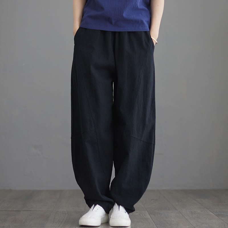 Buddha Stones Lässige, schlichte, lockere Baumwollhose für Damen mit Taschen