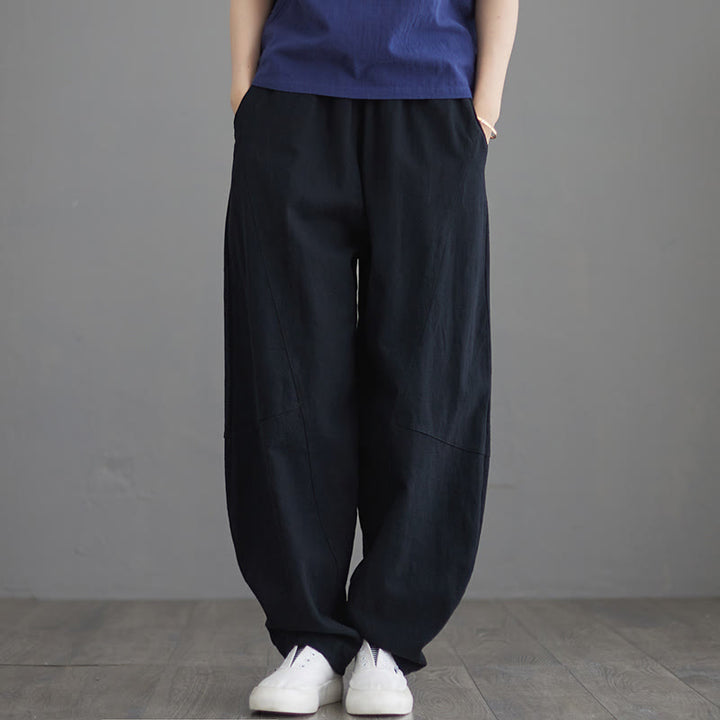 Buddha Stones Lässige, schlichte, lockere Baumwollhose für Damen mit Taschen
