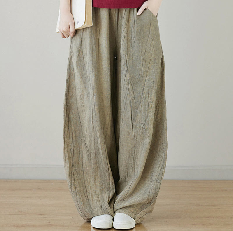 Buddha Stones Lässige, schlichte, lockere Batik-Ramiehose für Damen im Used-Look mit Taschen