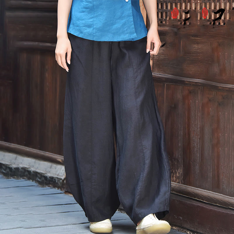 Buddha Stones Lässige, schlichte, lockere Damenhose aus Baumwollleinen mit Taschen