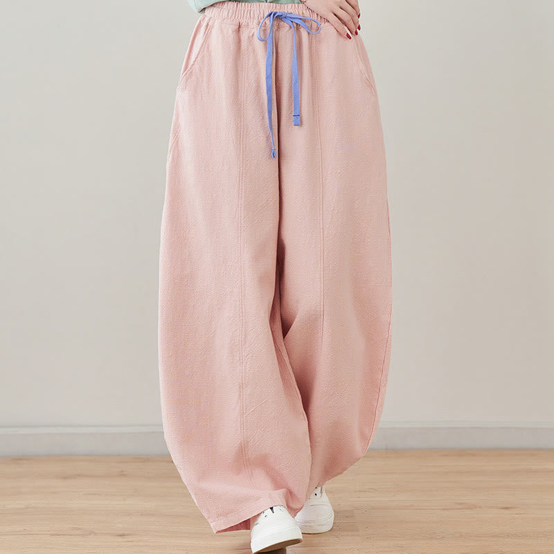 Buddha Stones Lässige, schlichte, lockere Damenhose aus Baumwollleinen mit Taschen