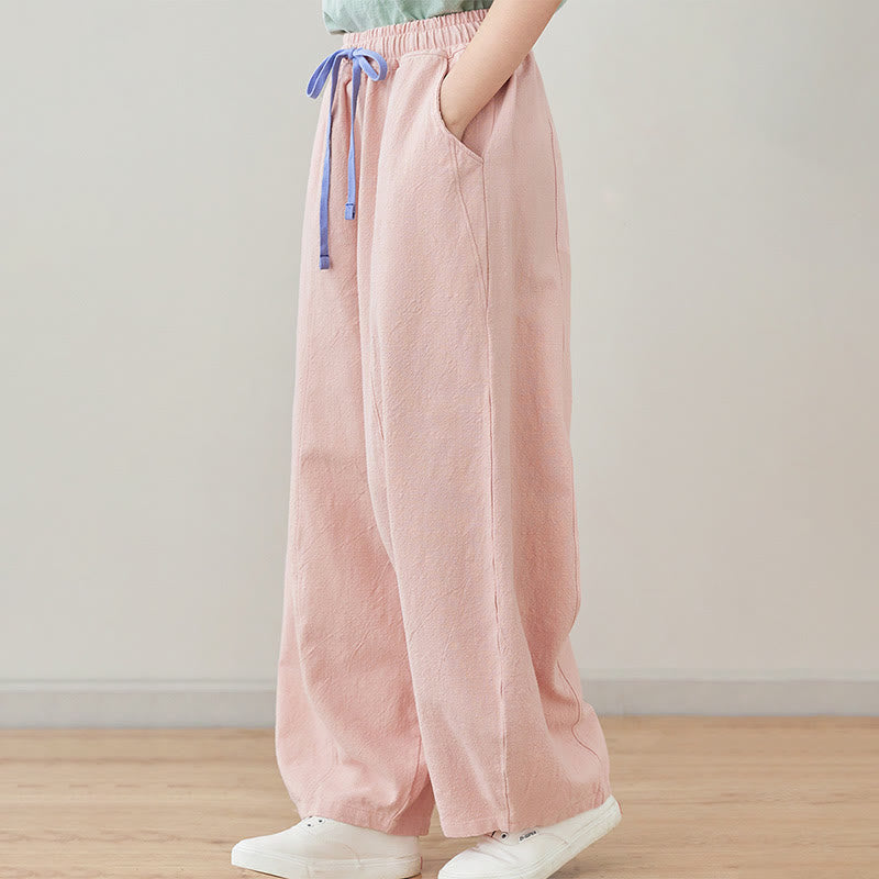 Buddha Stones Lässige, schlichte, lockere Damenhose aus Baumwollleinen mit Taschen