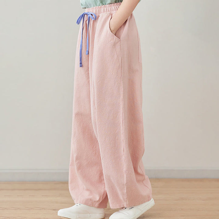 Buddha Stones Lässige, schlichte, lockere Damenhose aus Baumwollleinen mit Taschen