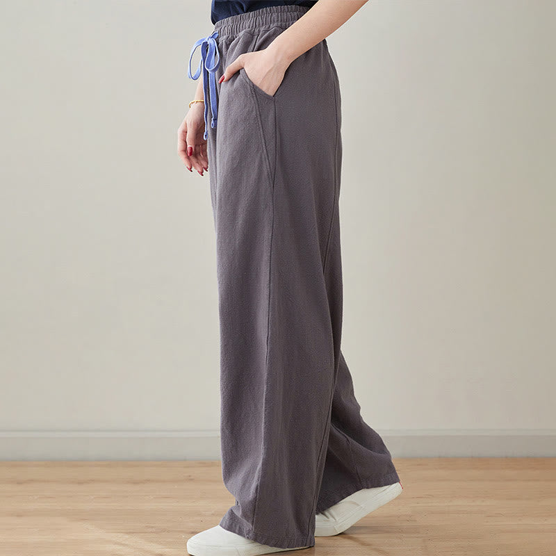 Buddha Stones Lässige, schlichte, lockere Damenhose aus Baumwollleinen mit Taschen