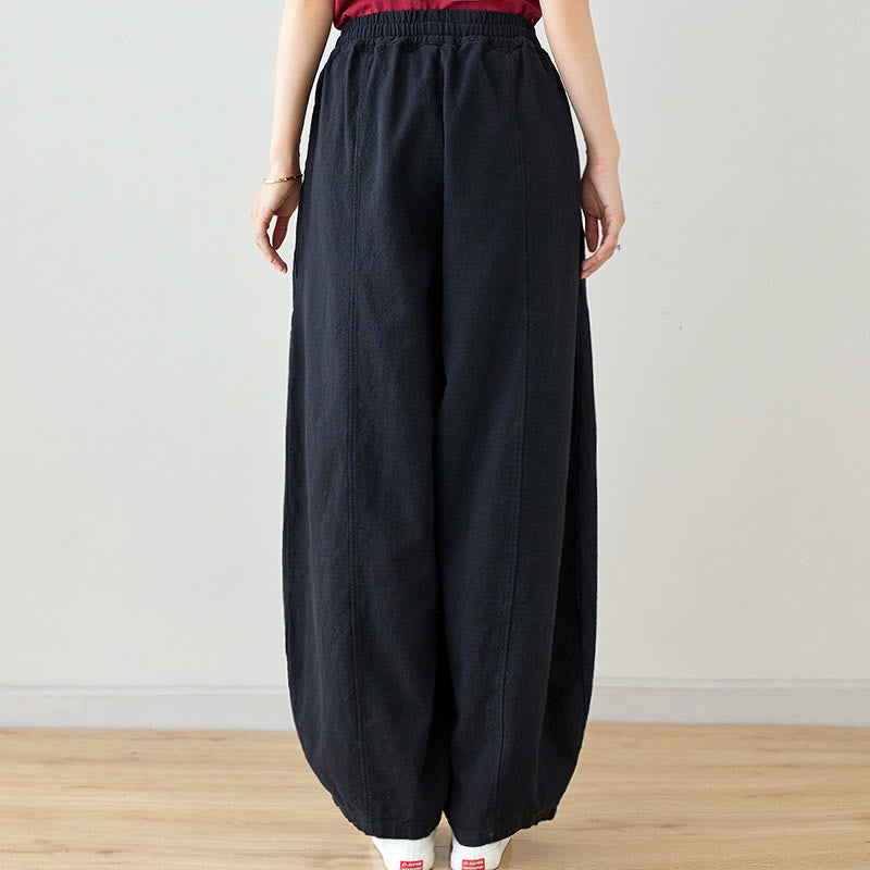 Buddha Stones Lässige, schlichte, lockere Damenhose aus Baumwollleinen mit Taschen