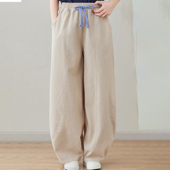 Buddha Stones Lässige, schlichte, lockere Damenhose aus Baumwollleinen mit Taschen