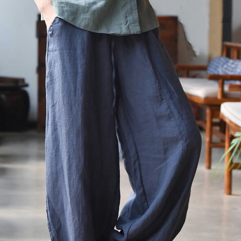 Buddha Stones Lässige, schlichte, lockere Damenhose aus Baumwollleinen mit Taschen