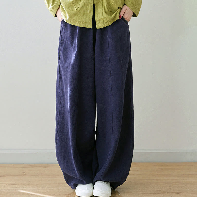 Buddha Stones Lässige, schlichte, lockere Damenhose aus Baumwollleinen mit Taschen