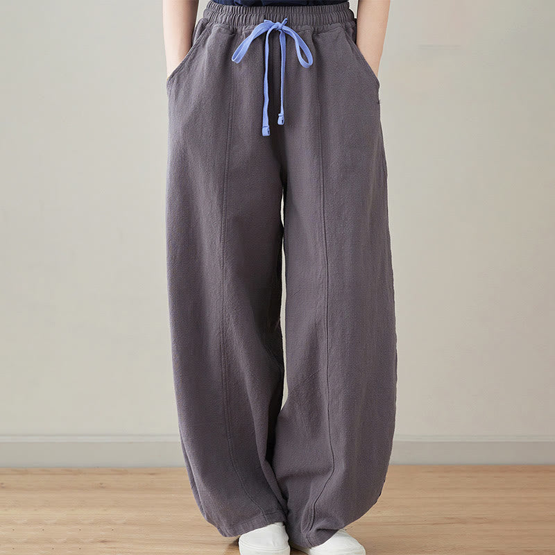 Buddha Stones Lässige, schlichte, lockere Damenhose aus Baumwollleinen mit Taschen