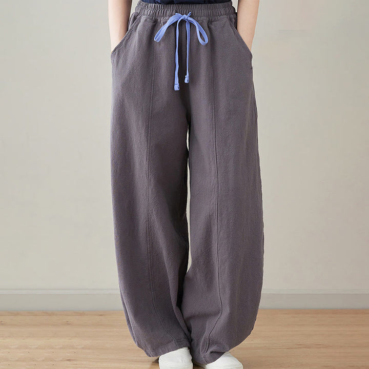 Buddha Stones Lässige, schlichte, lockere Damenhose aus Baumwollleinen mit Taschen