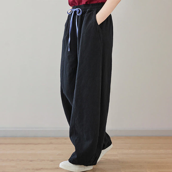 Buddha Stones Lässige, schlichte, lockere Damenhose aus Baumwollleinen mit Taschen