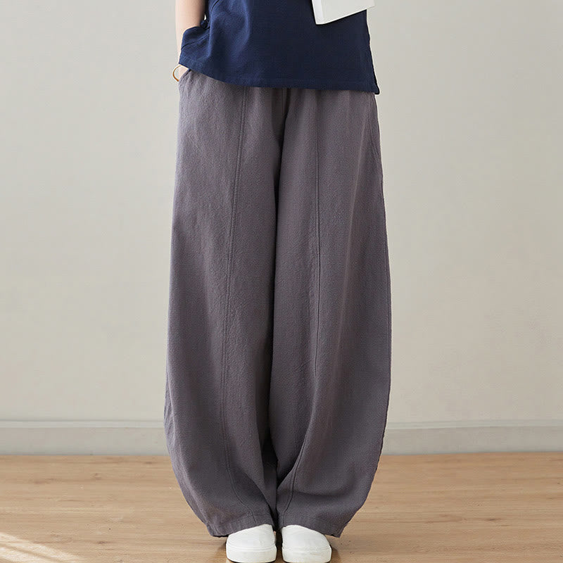 Buddha Stones Lässige, schlichte, lockere Damenhose aus Baumwollleinen mit Taschen