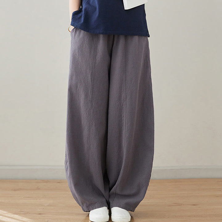 Buddha Stones Lässige, schlichte, lockere Damenhose aus Baumwollleinen mit Taschen