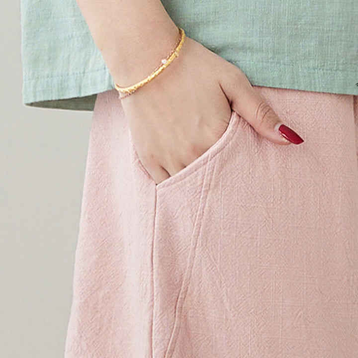 Buddha Stones Lässige, schlichte, lockere Damenhose aus Baumwollleinen mit Taschen