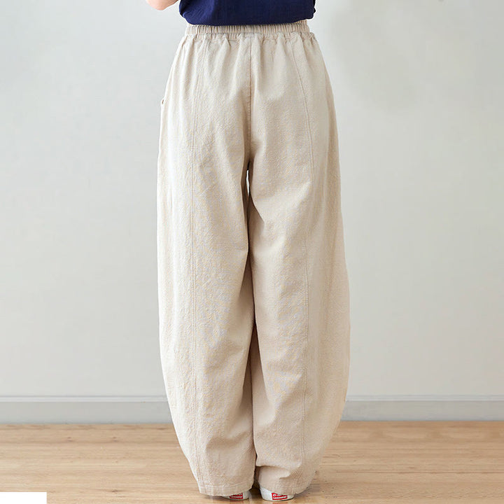 Buddha Stones Lässige, schlichte, lockere Damenhose aus Baumwollleinen mit Taschen