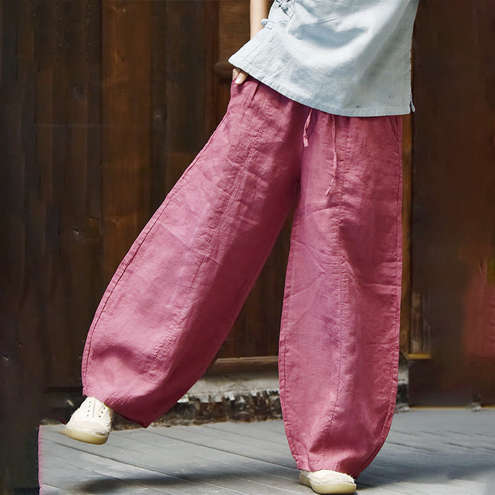 Buddha Stones Lässige, schlichte, lockere Damenhose aus Baumwollleinen mit Taschen