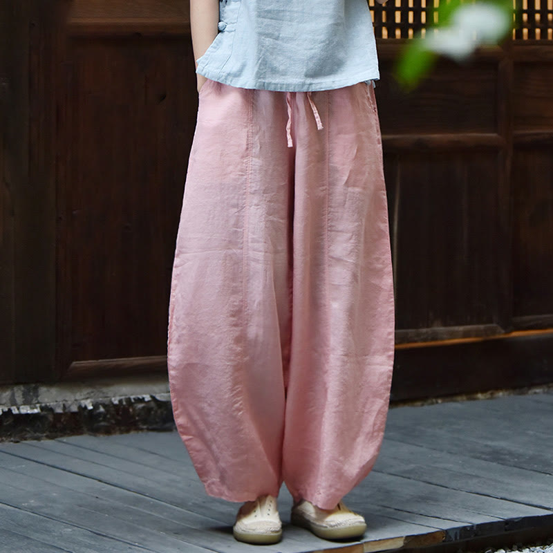 Buddha Stones Lässige, schlichte, lockere Damenhose aus Baumwollleinen mit Taschen