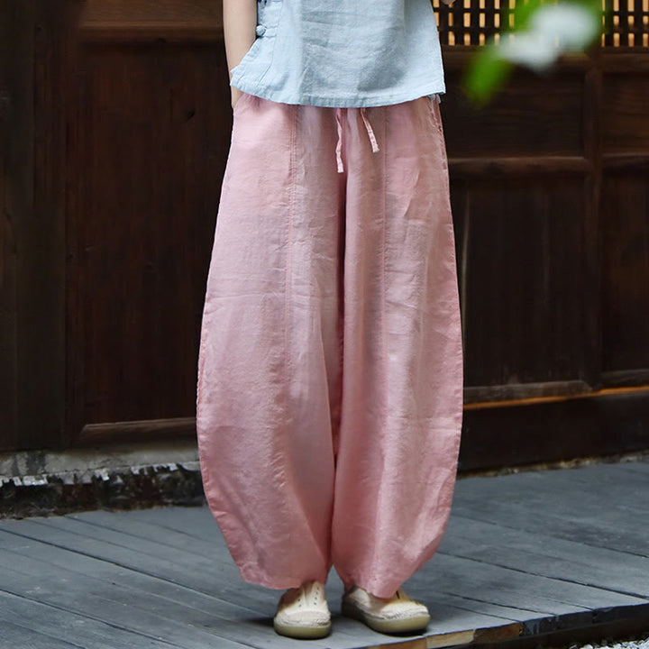 Buddha Stones Lässige, schlichte, lockere Damenhose aus Baumwollleinen mit Taschen
