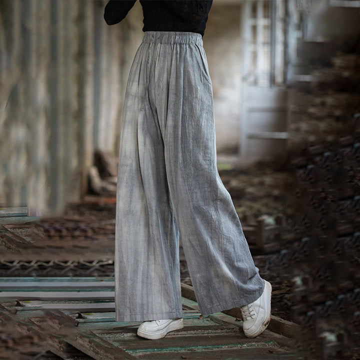 Buddha Stones Lässige, schlichte, lockere, handgemachte Batikhose aus Ramie-Baumwolle für Damen mit weitem Bein und Taschen - image 1