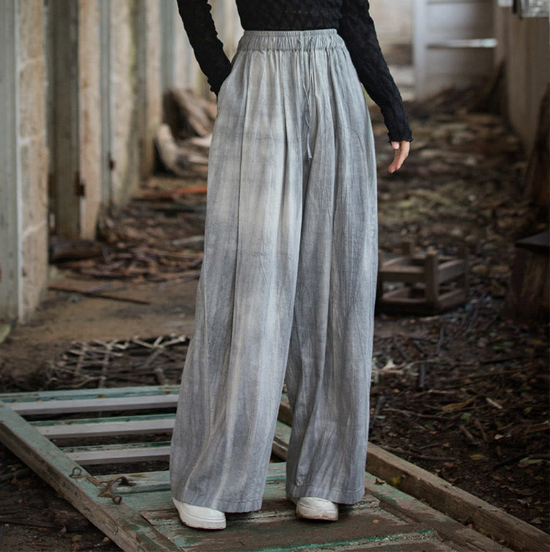 Buddha Stones Lässige, schlichte, lockere, handgemachte Batikhose aus Ramie-Baumwolle für Damen mit weitem Bein und Taschen - image 4