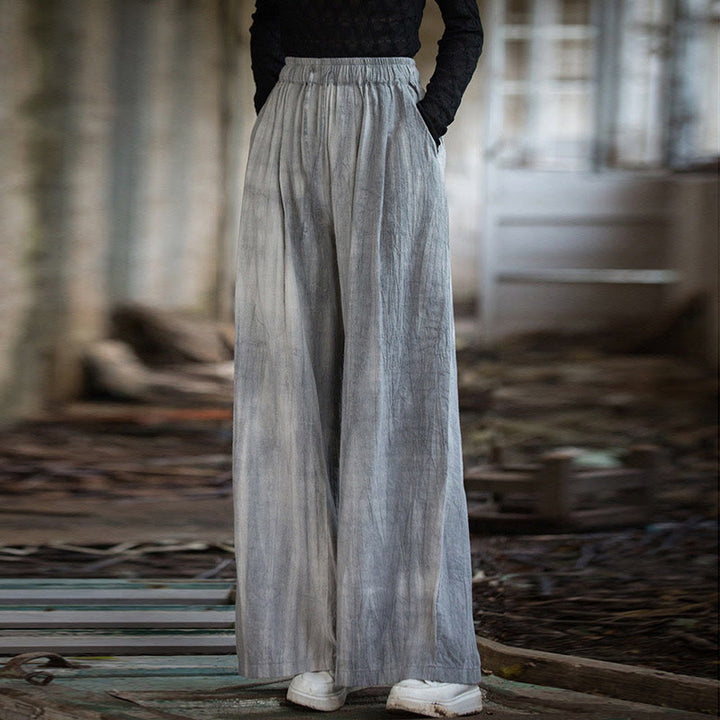 Buddha Stones Lässige, schlichte, lockere, handgemachte Batikhose aus Ramie-Baumwolle für Damen mit weitem Bein und Taschen - image 2