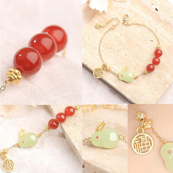 Buddha Stones, roter Achat, Perlen, Hetian-Jade, Kaninchen-Fu-Charakter, Glücksschnalle, Kettenarmband