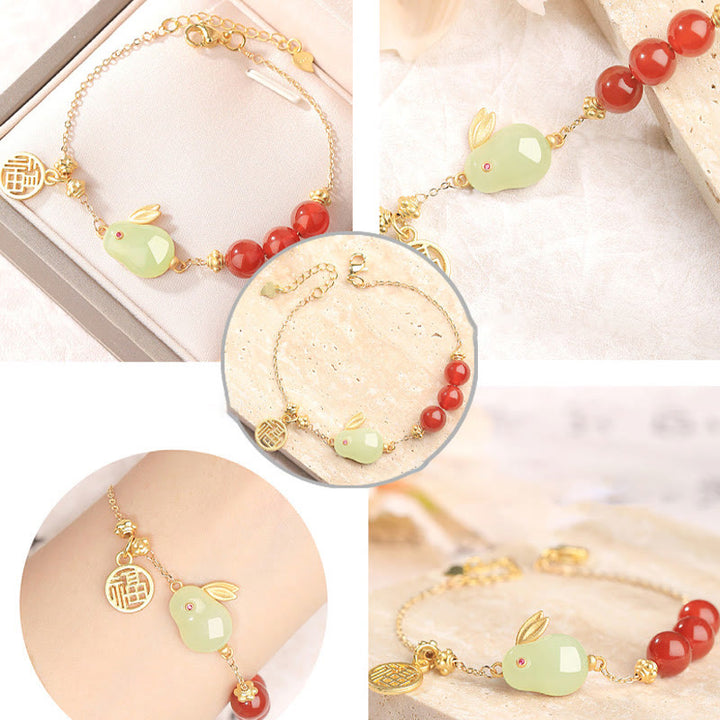 Buddha Stones, roter Achat, Perlen, Hetian-Jade, Kaninchen-Fu-Charakter, Glücksschnalle, Kettenarmband