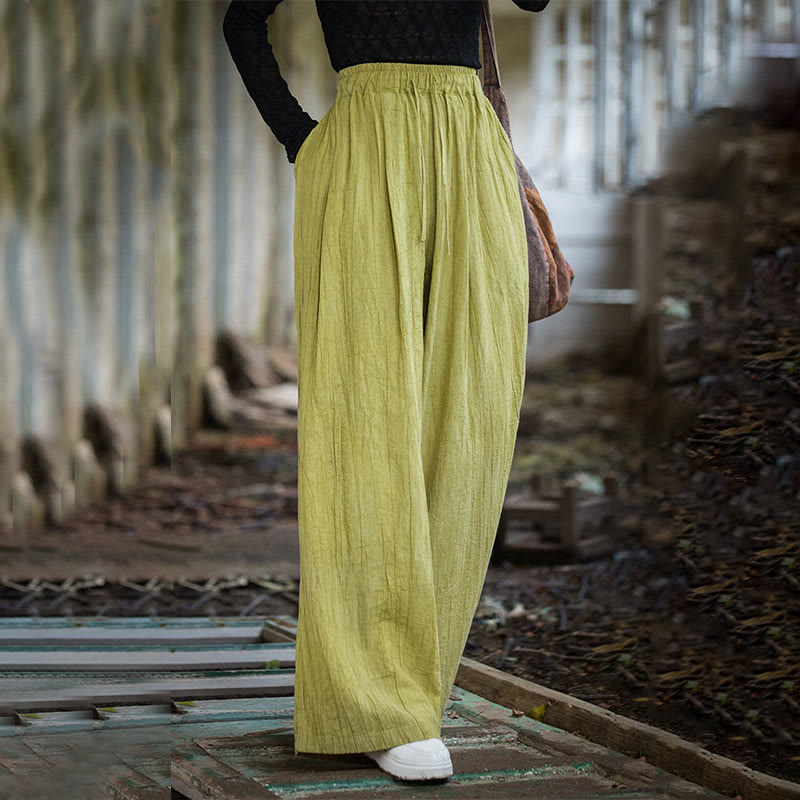 Buddha Stones Lässige, schlichte, lockere, handgemachte Batikhose aus Ramie-Baumwolle für Damen mit weitem Bein und Taschen - GrünGelb - US4-6, UK/AU8-10, EU36-38 (F) - image 15