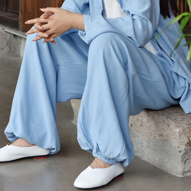 Buddha Stones Lässige, schlichte, lockere Leinenhose für Damen mit Taschen