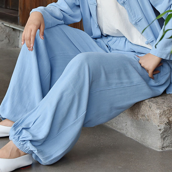 Buddha Stones Lässige, schlichte, lockere Leinenhose für Damen mit Taschen