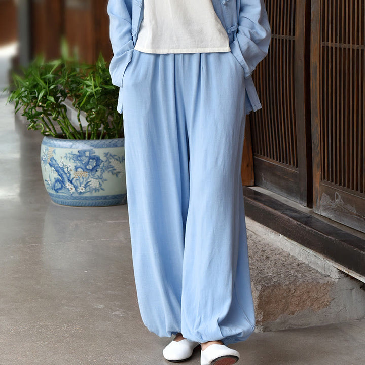 Buddha Stones Lässige, schlichte, lockere Leinenhose für Damen mit Taschen