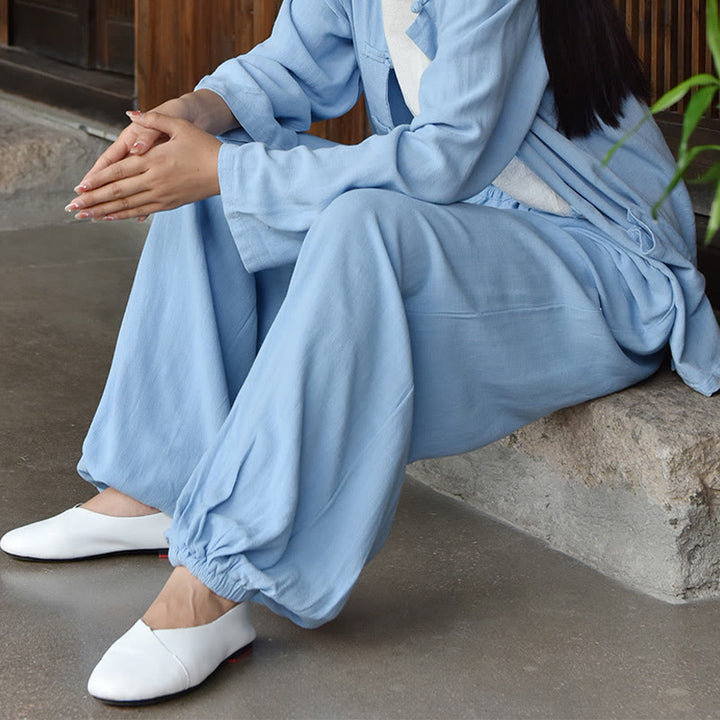Buddha Stones Lässige, schlichte, lockere Leinenhose für Damen mit Taschen