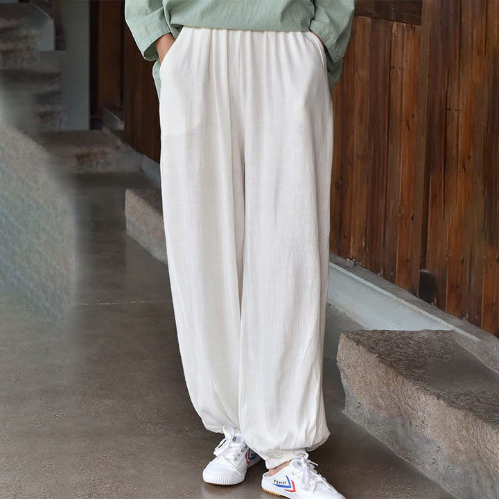 Buddha Stones Lässige, schlichte, lockere Leinenhose für Damen mit Taschen