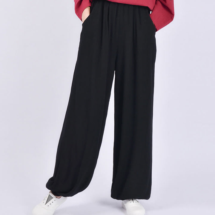 Buddha Stones Lässige, schlichte, lockere Leinenhose für Damen mit Taschen