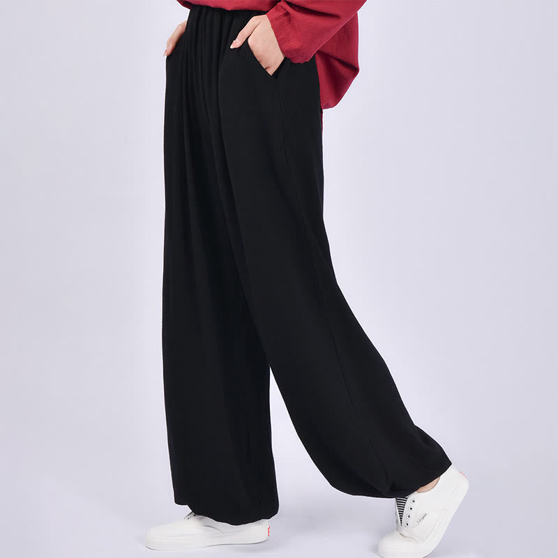 Buddha Stones Lässige, schlichte, lockere Leinenhose für Damen mit Taschen