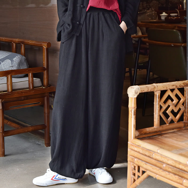 Buddha Stones Lässige, schlichte, lockere Leinenhose für Damen mit Taschen