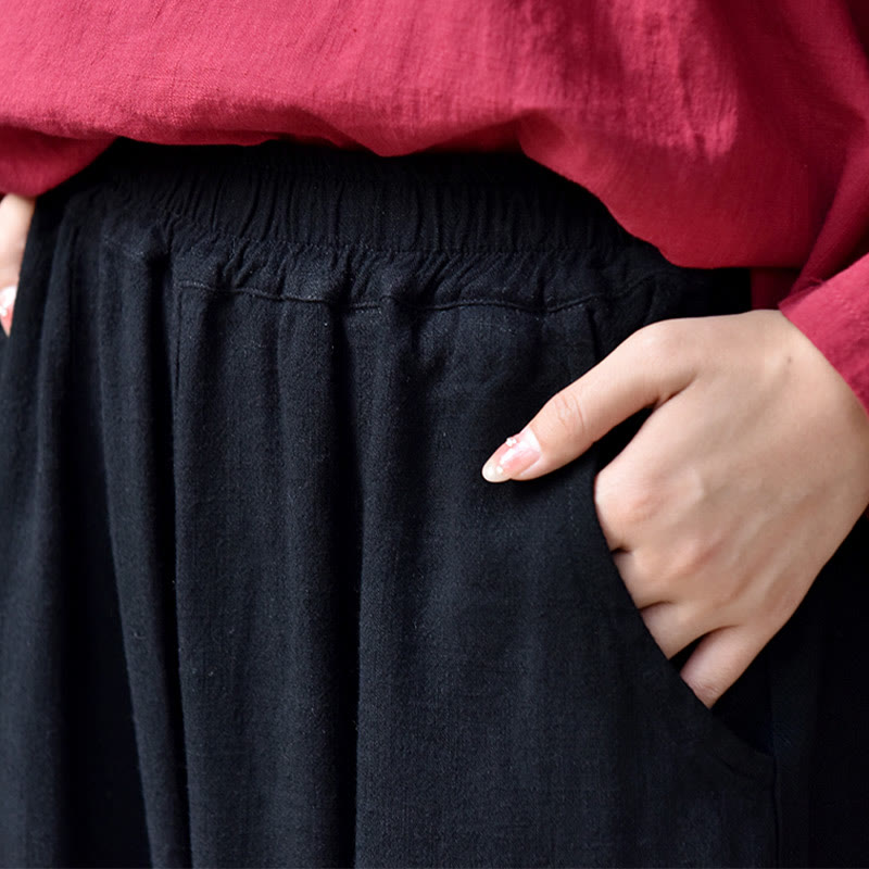 Buddha Stones Lässige, schlichte, lockere Leinenhose für Damen mit Taschen