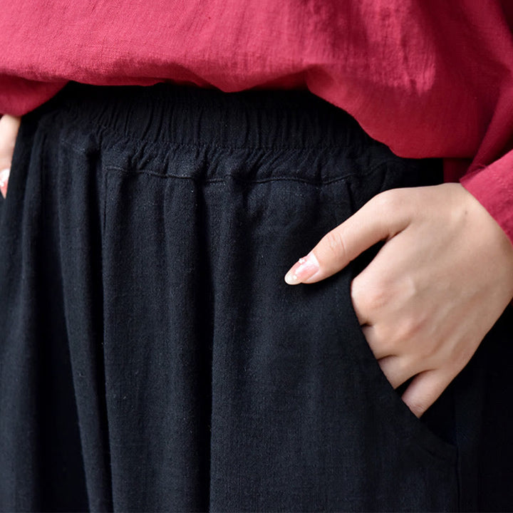Buddha Stones Lässige, schlichte, lockere Leinenhose für Damen mit Taschen