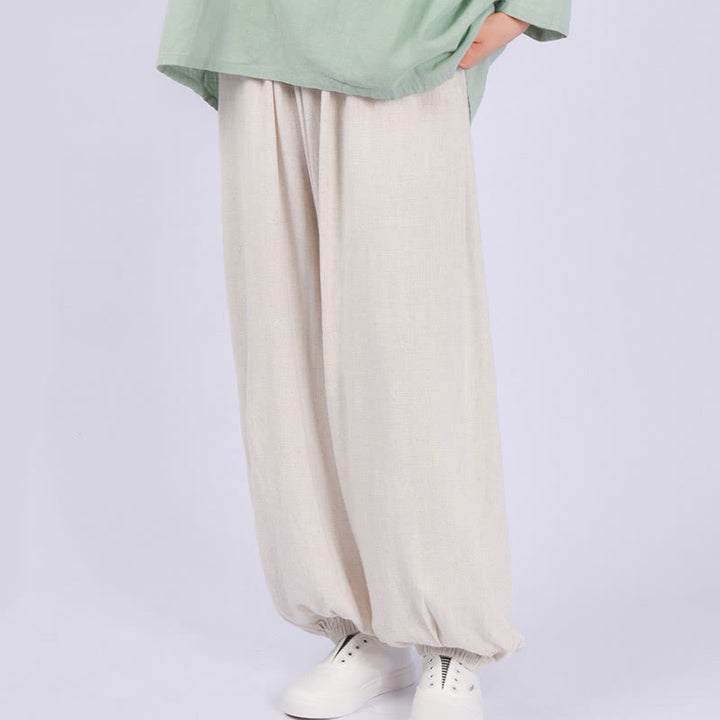 Buddha Stones Lässige, schlichte, lockere Leinenhose für Damen mit Taschen