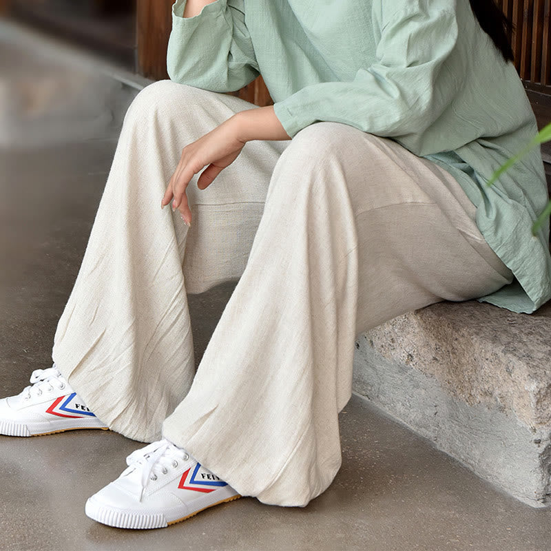Buddha Stones Lässige, schlichte, lockere Leinenhose für Damen mit Taschen