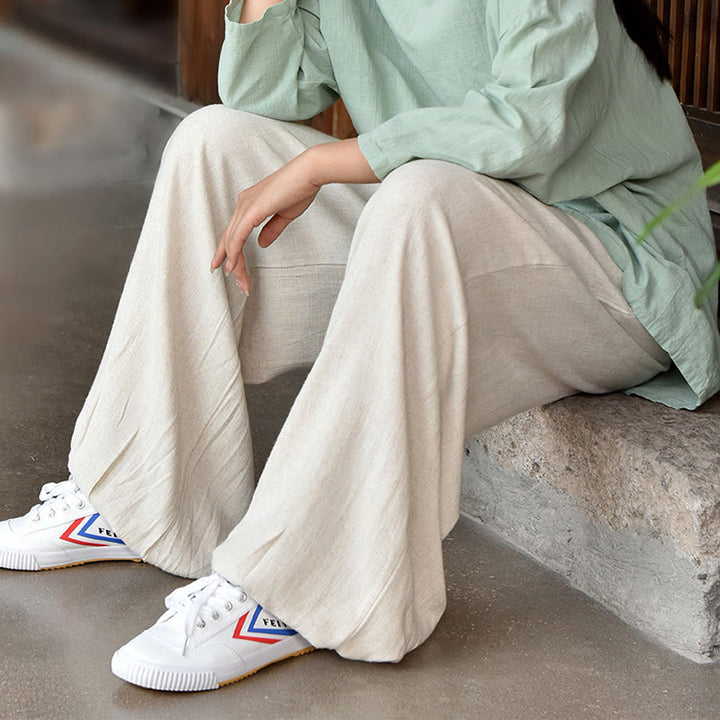 Buddha Stones Lässige, schlichte, lockere Leinenhose für Damen mit Taschen