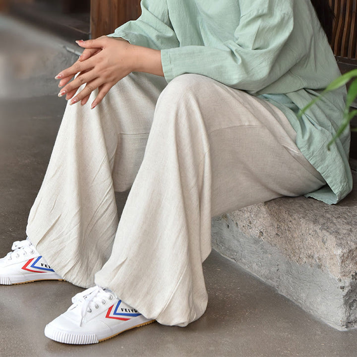 Buddha Stones Lässige, schlichte, lockere Leinenhose für Damen mit Taschen