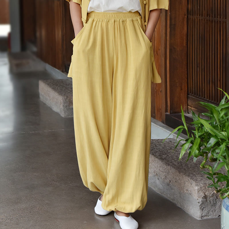 Buddha Stones Lässige, schlichte, lockere Leinenhose für Damen mit Taschen