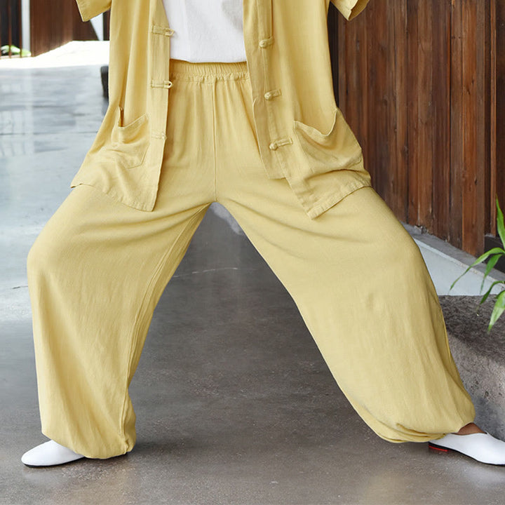 Buddha Stones Lässige, schlichte, lockere Leinenhose für Damen mit Taschen