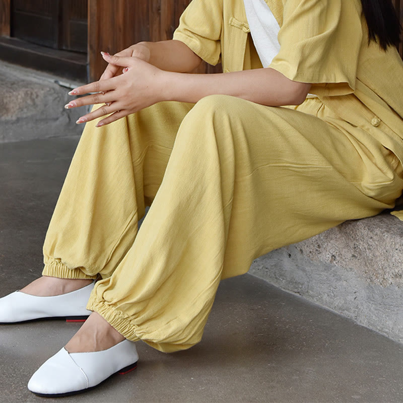 Buddha Stones Lässige, schlichte, lockere Leinenhose für Damen mit Taschen