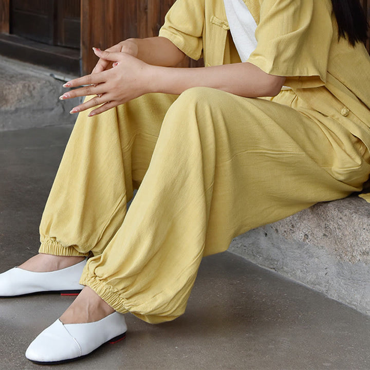 Buddha Stones Lässige, schlichte, lockere Leinenhose für Damen mit Taschen