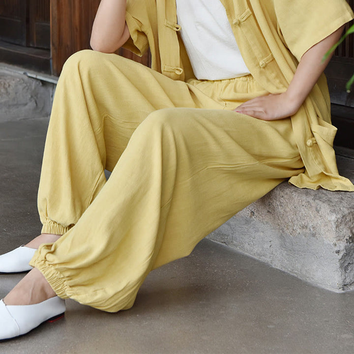 Buddha Stones Lässige, schlichte, lockere Leinenhose für Damen mit Taschen